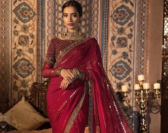Maria B Embroidered Red Chiffon Saree, Pakistani Indian Wedding Dresses, Bridal Outfit, Bridesmaid,