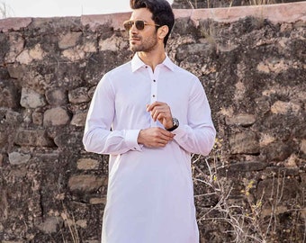 Men's White Shalwar Kameez, Imported Fabric, Stitched Kurta Ensemble