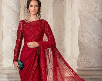 Custom Stitch Red Maria B Net Saree: Pakistani Indian Wedding Collection, Nikkah Dresses, Bridesmaid,