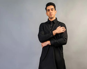 Men's Black Kameez Shalwar Suit, Pakistani Indian Clothing