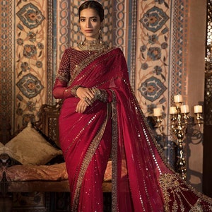 Maria B Embroidered Red Chiffon Saree, Pakistani Indian Wedding Dresses, Bridal Outfit, Bridesmaid,