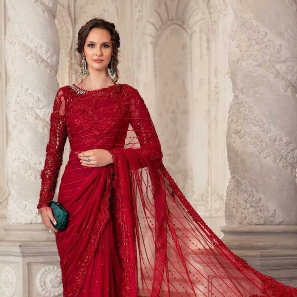 Pakistanischer indischer Damen-Saree-Anzug aus reinem Organza, Hit Maria B-Design, schwere Stickerei, Handarbeit, Partykleidung, Ganzanzug, Hochzeitskollektion.