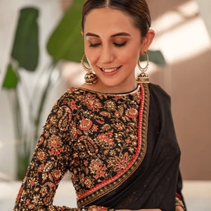Black Tissue Silk Saree: Hand-Embroidered Pakistani Indian Wedding Dress