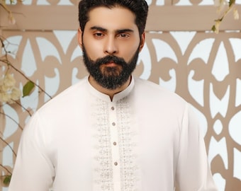 Embroidered Men&#39;s Kurta Shalwar Kameez: Pakistani Indian Cotton Suit
