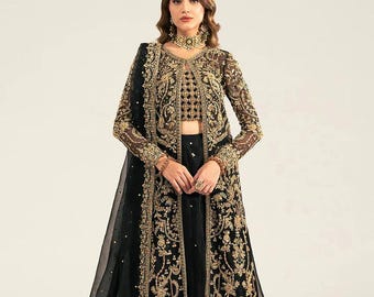 Black Embroidered Women Maxi Suit : Pakistani Indian Wedding Collection, Engagement, Walima Nikkah Dress.