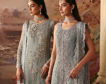 Handmade Pakistani Chiffon Maxi Dress: Silver Embroidery, Raw Silk Pants