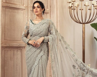 Embroidered Organza Saree: Pakistani Dresses, Indian Saree, Wedding Dress, Bridal Outfit, Party Wear, Walima.