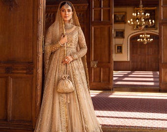 Custom Pakistani Bridal Maxi, Gold Embellished Wedding Outfit