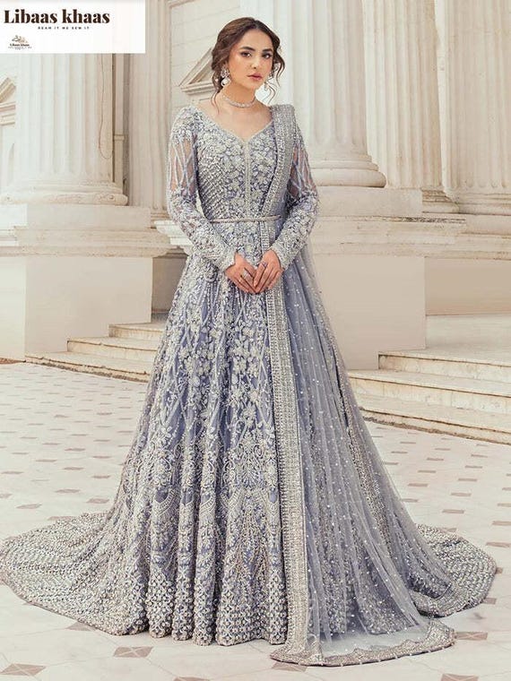 Ice Blue Embroidered Maxi Dress, Pakistani Indian Wedding Wear - Etsy UK