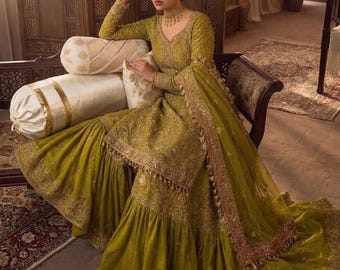 Custom Pakistani Bridal Maxi, Gold Embellished Wedding Outfit