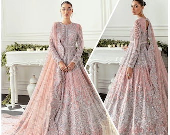 Pakistani Indian bridal wedding wear dress, Long Maxi Dress,Embroidered net gown, Nikah engagement outfit
