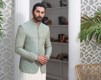 May include: A light blue blazer with a white and light blue patterned design. The blazer has a mandarin collar and button closure.