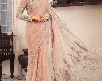 Sari de red bordada: vestidos de novia indios paquistaníes, Maria B, vestidos Nikkah, atuendo de novia, dama de honor,