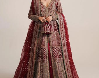 Red Pakistani Bridal Maxi, Maroon Embellished Wedding Outfit