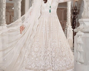 Abito lungo in organza bianca, abito da sposa indiano pakistano con ricami pesanti