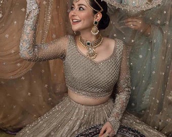 Custom stitch Pakistani indian wedding Dress, Embroidered Lehenga, Long sleeve Maxi, Nikkah Dress