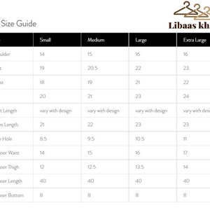 May include: Size chart for clothing in inches. The chart shows measurements for shoulder, bust, waist, hip, shirt length, arms length, arm hole, trouser waist, trouser thigh, trouser length, and trouser bottom. The sizes listed are small, medium, large, and extra large.