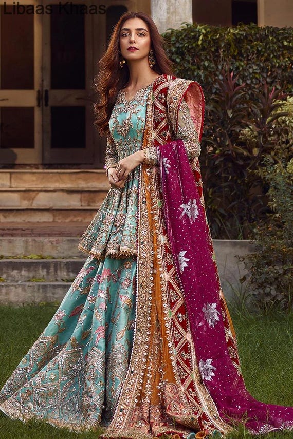 Handmade Embroidered Pakistani Indian Maxi Dress: Akbar Aslam Wedding Lehenga