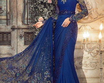 Royal Blue Chiffon Saree, Hand Embroidered Pakistani Indian Wedding Dress