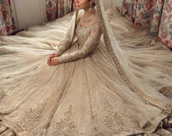 Custom Pakistani Bridal Maxi, Gold Embellished Wedding Outfit