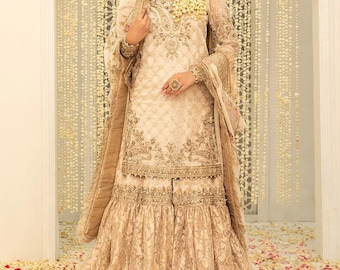 Abito Sharara dorato cucito su misura, abito da sposa indiano pakistano, abito ricamato Maria B