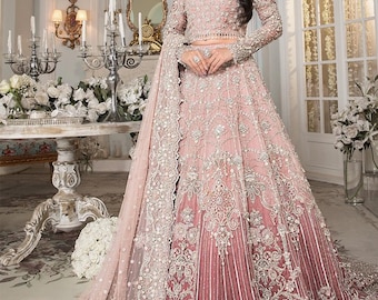 Embroidered Wedding Gown Powder Pink Maxi Suit: Pakistani Indian Bridal Dress