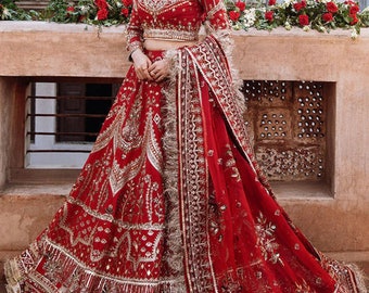 Rode bruids lehenga pak aangepaste Pakistaanse Indiase trouwjurk Maria B designer handwerk feestkleding