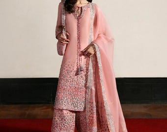 Pakistani wedding dress: Embroidered Silk shirt with organza Dupatta
