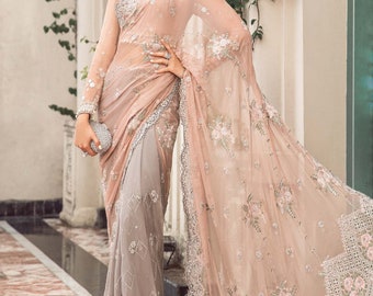 Embroidered Chiffon Saree : Pakistani Indian Wedding Dresses, Maria B, Nikkah Dresses, Bridal Outfit, Bridesmaid,