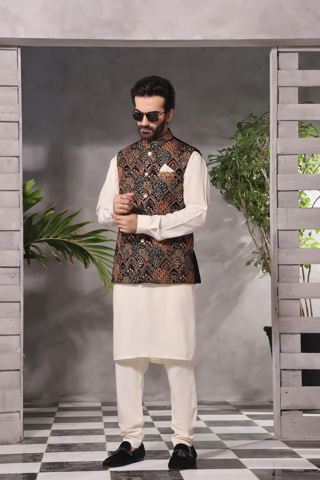 Men's Pakistani Indian Waist Coat: Atlas Blend, Cream Shalwar