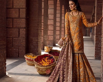 Yellow sharara for wedding: Indian Lehenga, Pakistani wedding dresses. Embroidered Gharara Set