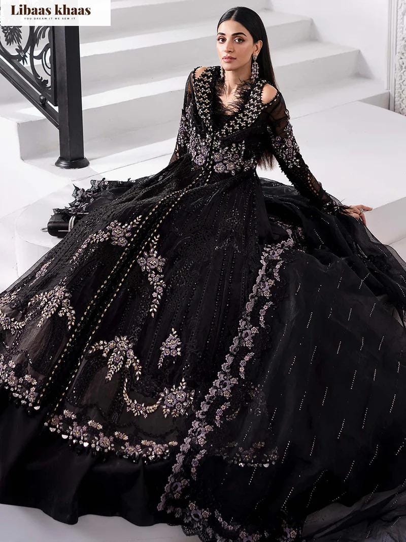Black Pakistani Indian Bridal Maxi, Embroidered Wedding Outfit, Guest Wear Dresses