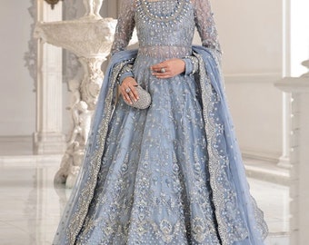 Ice Blue Organza Maxi Suit, Pakistani Indian Wedding Dress, Hand Embellished