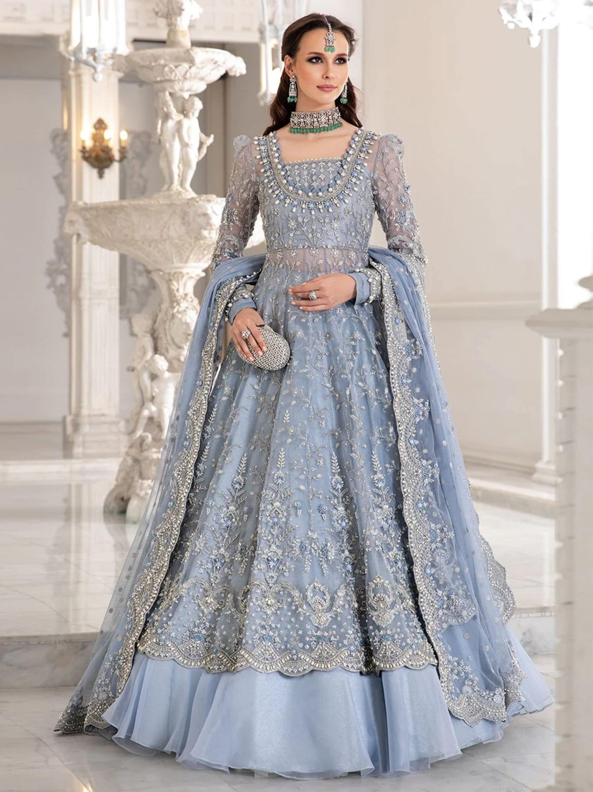 blue color pakistani dresses Rafia Chiffon Occasions - Pakistani Women's