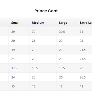 K&ouml;nnte beinhalten: Gr&ouml;&szlig;entabelle f&uuml;r einen Prince Coat in den Gr&ouml;&szlig;en S, M, L und XL. Die Ma&szlig;e sind in Zoll f&uuml;r L&auml;nge, Brust, Taille, H&uuml;fte, Schulter, &Auml;rmel und Kragen angegeben.