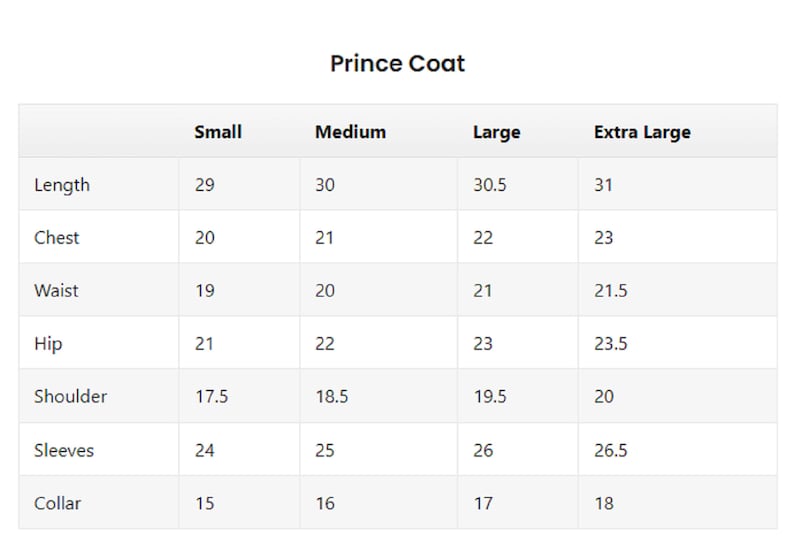 K&ouml;nnte beinhalten: Gr&ouml;&szlig;entabelle f&uuml;r einen Prince Coat in den Gr&ouml;&szlig;en S, M, L und XL. Die Ma&szlig;e sind in Zoll f&uuml;r L&auml;nge, Brust, Taille, H&uuml;fte, Schulter, &Auml;rmel und Kragen angegeben.