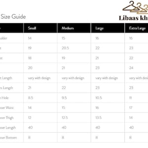 May include: Size guide chart for clothing with measurements in inches for shoulder, bust, waist, hip, shirt length, arms length, arm hole, trouser waist, trouser thigh, trouser length, and trouser bottom. The sizes listed are small, medium, large, and extra large.