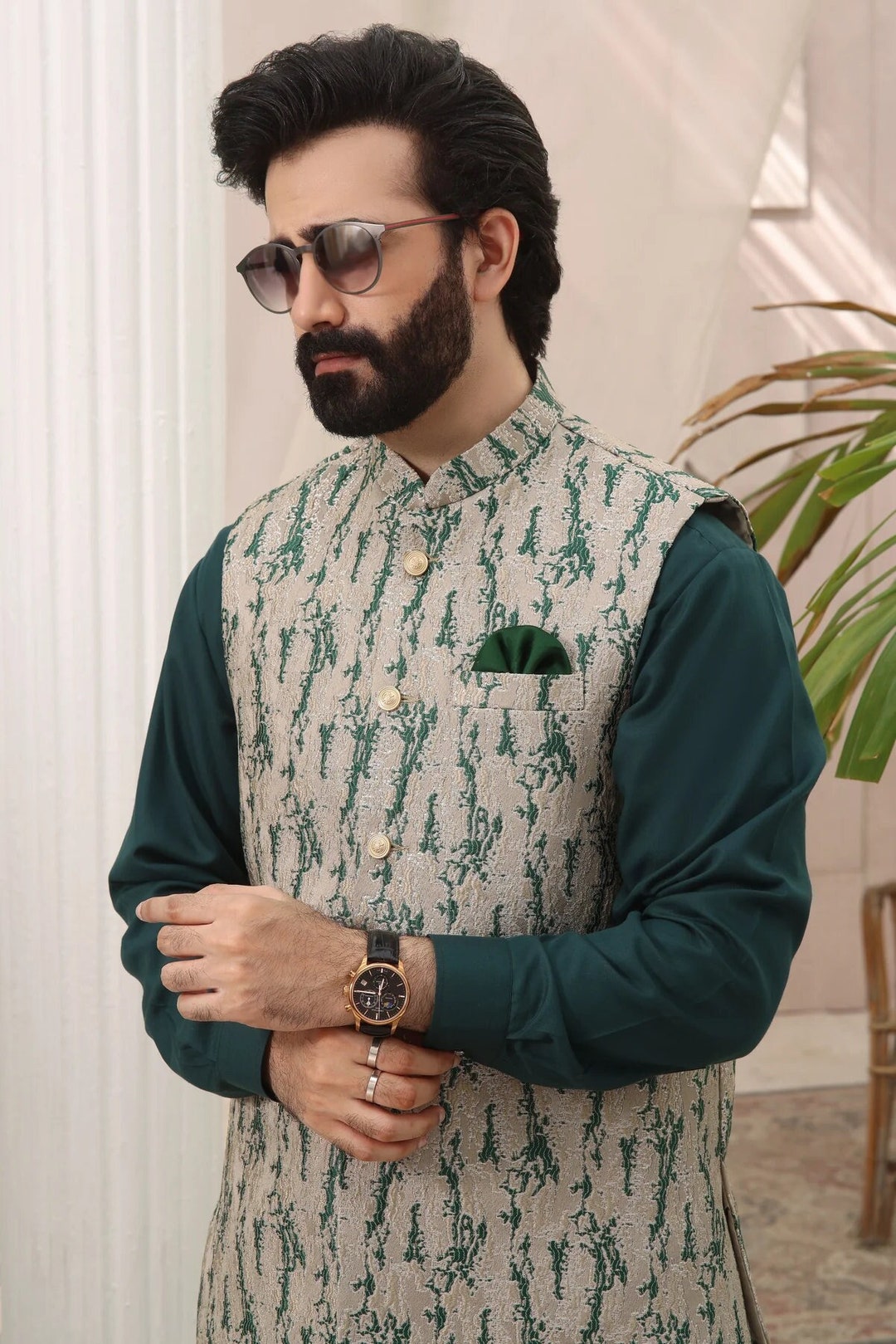 Buy Men's Green Self-print Waistcoat: Pakistani Indian Wedding