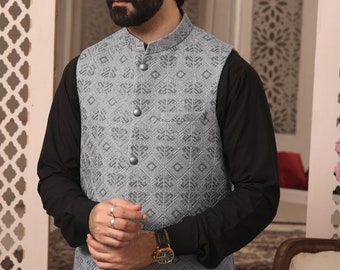 Men's Grey Self Print Waistcoat: Pakistani Indian Wedding Attire