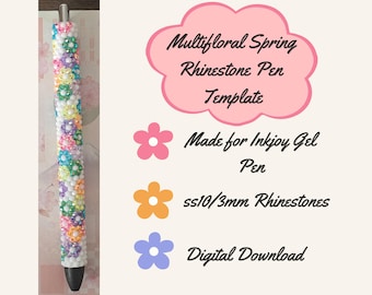 May include: A pen covered in small white and multi-colored flower-shaped rhinestones. Text reads: Multifloral Spring Rhinestone Pen Template, Made for Inkjoy Gel Pen, ss10/3mm Rhinestones, Digital Download, accompanied by pink, orange, and purple flower icons.