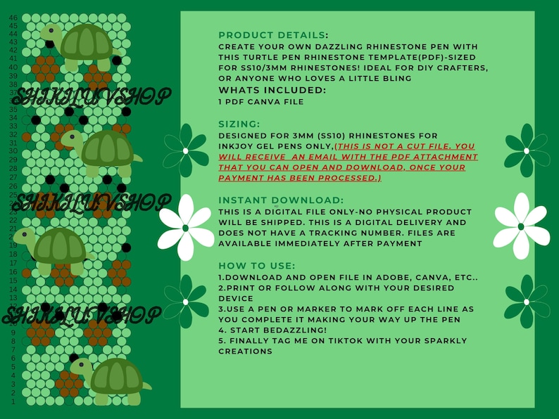 Rhinestone Turtle Pen Template – Inkjoy Gel Pen Pattern (Digital Download PDF) image 2