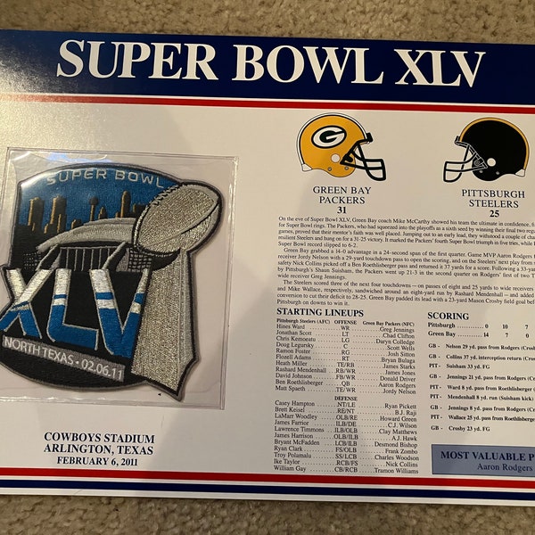 Packers & Steelers Super Bowl XLV Patch and Stat Card