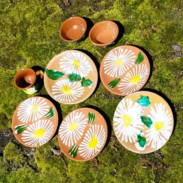 Mexican Pottery 1950's Handmade Unglazed Red Clay Saucers and Miniature Cups