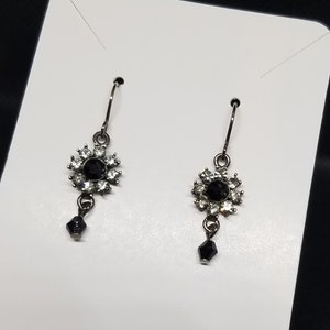 Vintage Diamond And Black Gem Dangle Pierced Earrings 80&#39;s