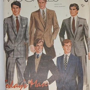 May include: Vintage McCall's sewing pattern featuring illustrations of men's suits. The pattern cover displays several men in various suit styles, including plaid, pinstripe, and solid colors. The text "Today's Man" is visible.