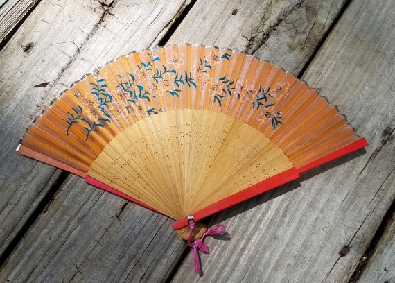 Vintage Chinese Folding Hand Fans Bamboo Coral - image 1