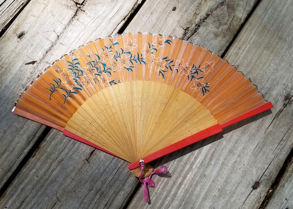 Vintage Chinese Folding Hand Fans Bamboo Coral - image 1