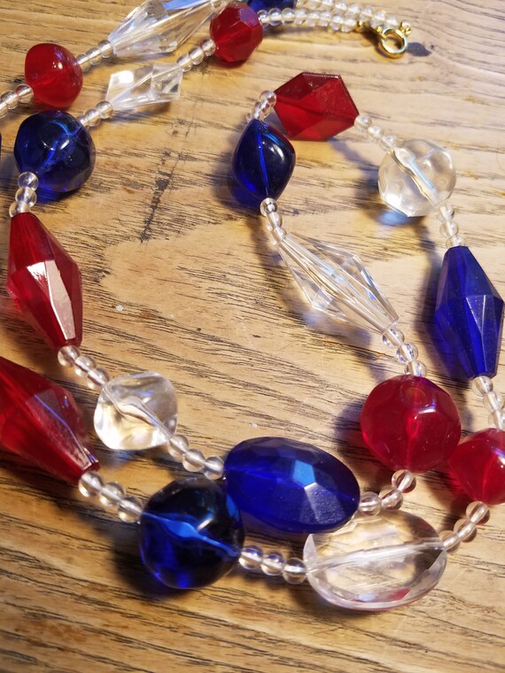 Antique Red White Blue Beaded Necklace - image 4