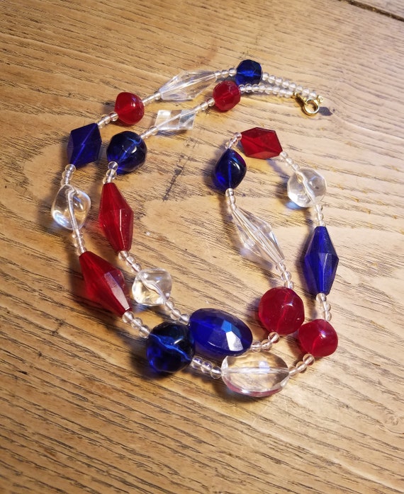 Antique Red White Blue Beaded Necklace - image 3