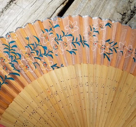 Vintage Chinese Folding Hand Fans Bamboo Coral - image 2